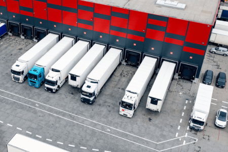 Lorries parked outside the Middlewich shared user warehousing facility, showcasing efficient logistics and fulfilment services